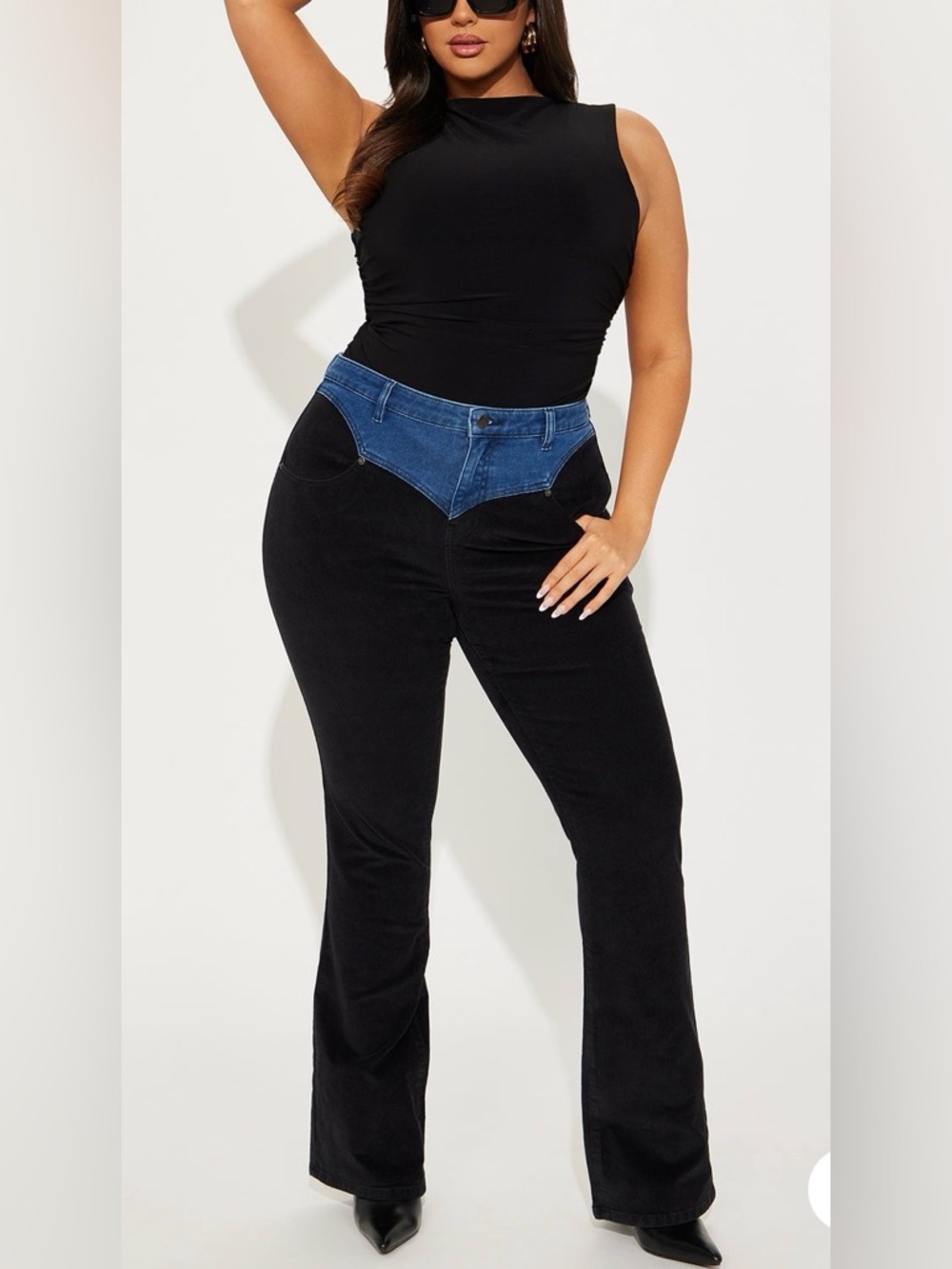 FN Black High-Waist Flared Pants with Denim V-Panel and Corduroy.